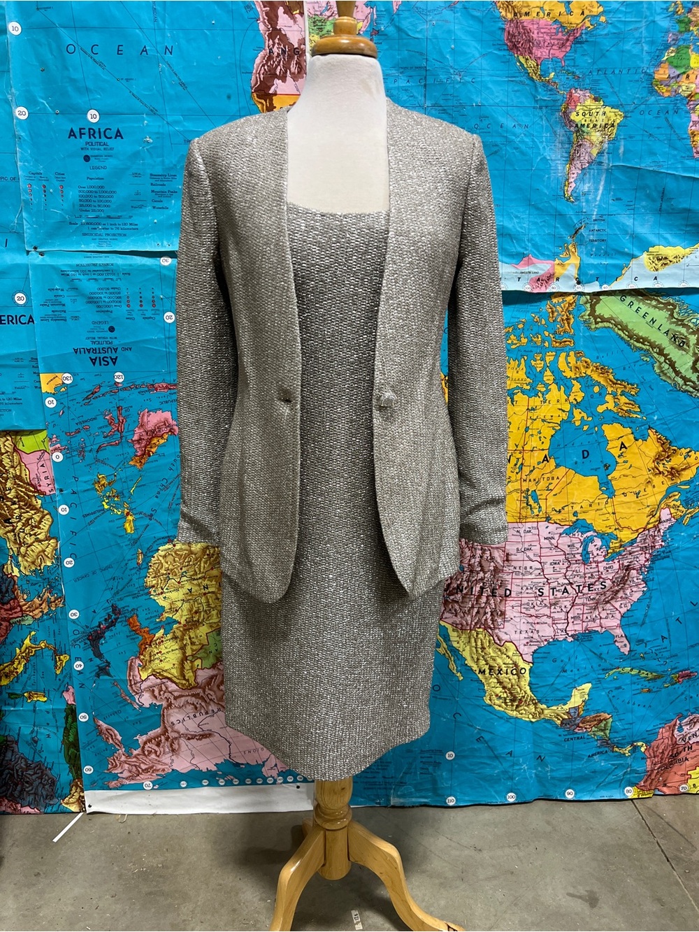 St. John Metallic Silver Knit Blazer & Sheath Dress Set